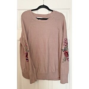 Cloud Chaser Embroidered Floral Sleeve Pullover Sweater X Large XL Pink cozy